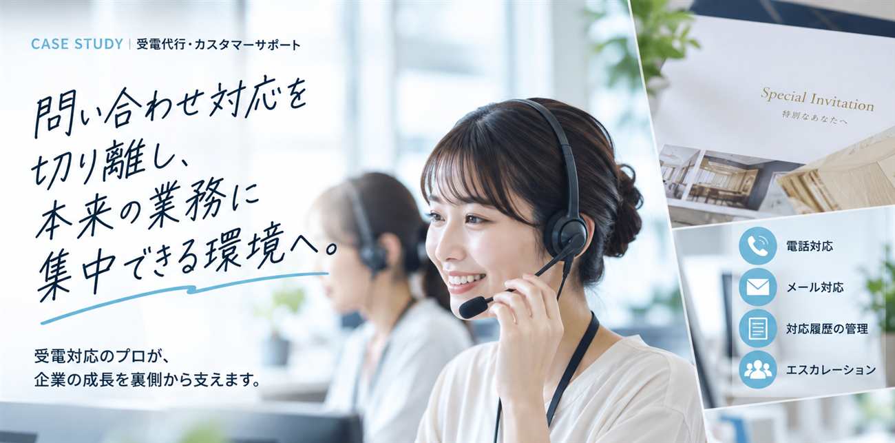 ヘッドセットで受電対応するスタッフとダイレクトメール・問い合わせ対応業務のイメージ